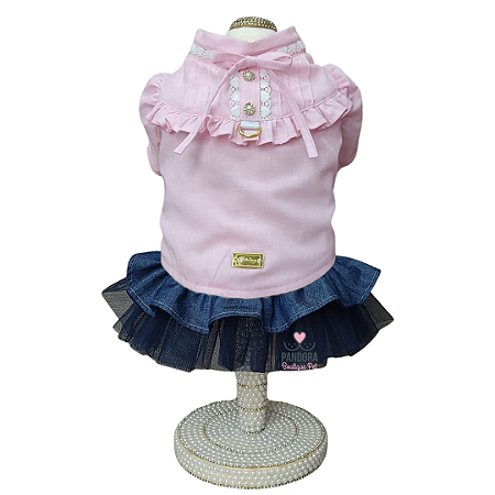 Conjunto de Roupa para Cachorro Blusa Tricoline Rosa e Saia Jeans