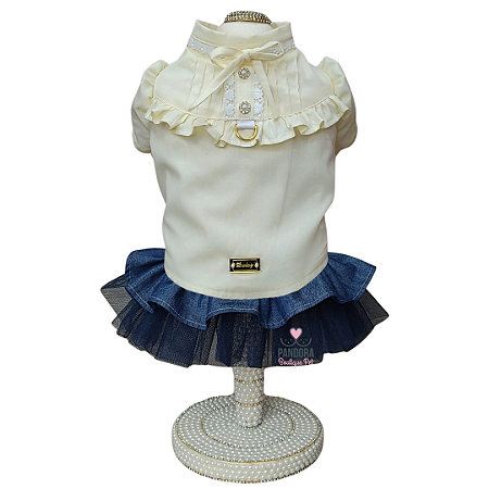 Conjunto de Roupa para Cachorro Blusa Tricoline Amarela e Saia Jeans