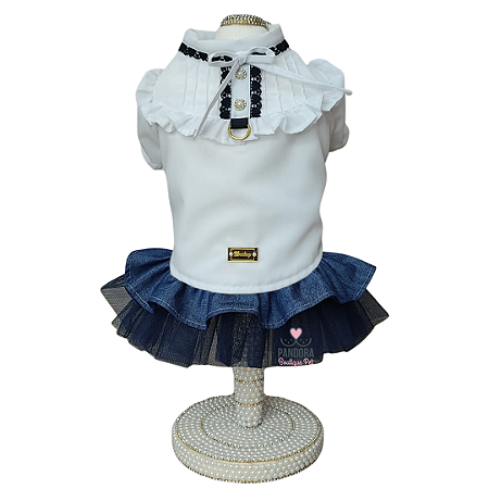 Conjunto de Roupa para Cachorro Blusa Tricoline Branca e Saia Jeans