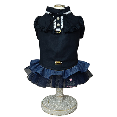 Conjunto de Roupa para Cachorro Blusa Tricoline Preta e Saia Jeans