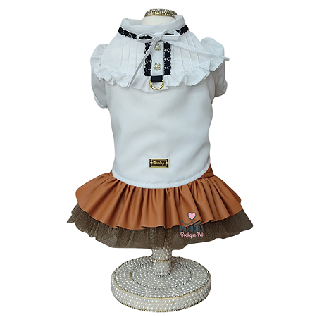Conjunto de Roupa para Cachorro Blusa Tricoline Branca e Saia Caramelo