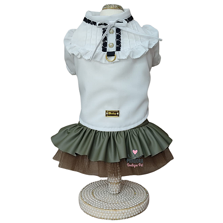 Conjunto de Roupa para Cachorro Blusa Tricoline Branca e Saia Verde