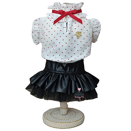 Conjunto de Roupa para Cachorro Blusa Tricoline Coração e Saia Preta