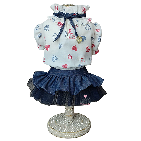 Conjunto de Roupa para Cachorro Blusa Tricoline Corações e Saia Jeans