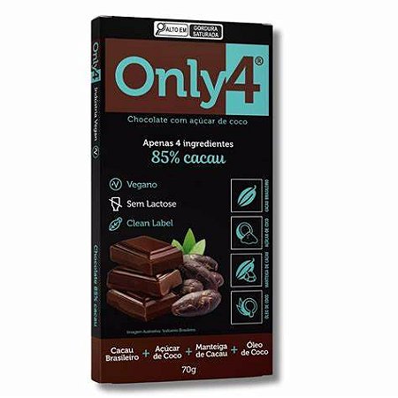 Chocolate Com Açúcar de Coco 85% Cacau - 70g - Only4