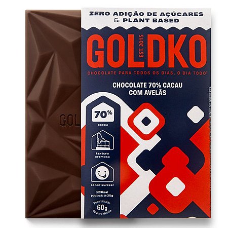 Chocolate 70% Cacau com Avelãs (Zero Açúcar / Plant Based) 60g - GoldKo