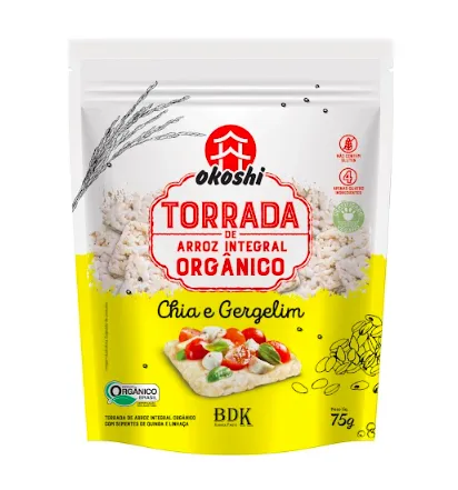 Torradas De Arroz Integral Orgânico Com Chia e Gergelim (24 unidades) - 75g - Okoshi