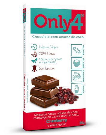 Chocolate 70% Cacau com Açúcar de Coco (Cranberry) 80g - Only4