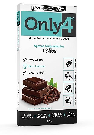Chocolate 70% Cacau com Açúcar de Coco (Nibs de Cacau) 70g - Only4