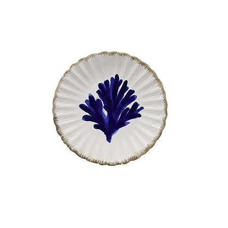 Prato sobremesa branco com desenho coral azul e borda betume