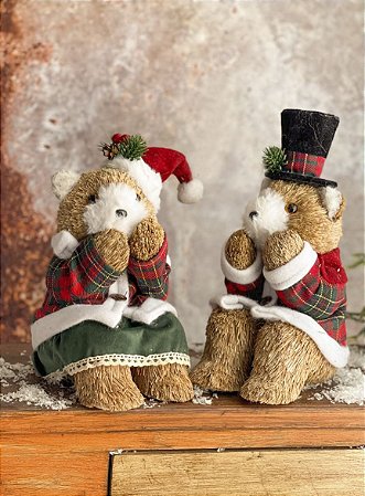 Casal de ursinhos de Natal com casaco xadrez e cartola (26 cm)