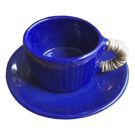 Xícara de café azul cobalto com alça vime (jogo 2)