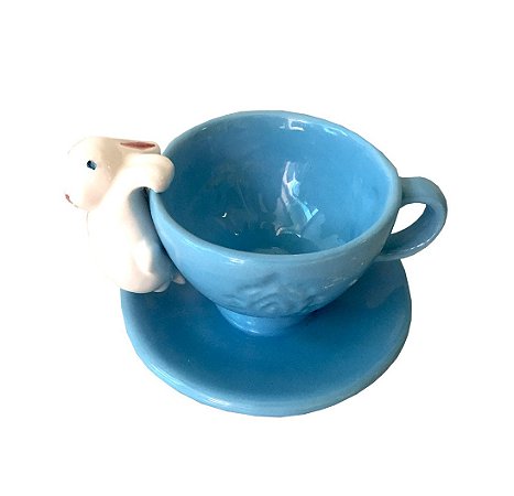 Xícara azul com Coelho de Cerâmica