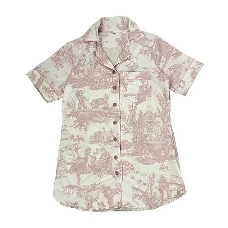 Camisola manga curta toile de jouy rosa - tamanho único