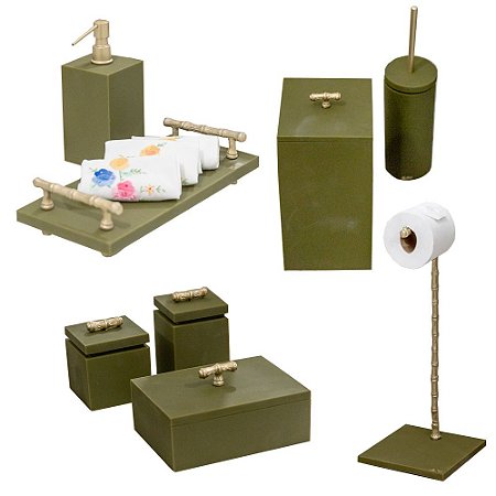 Kit para banheiro resina verde fosca com pegador bambu (8 peças)