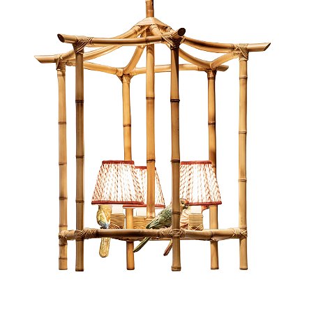 Lustre chino bambu natural e pássaros cerâmica (sem cúpulas)