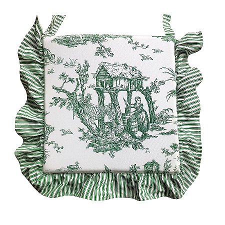 Almofada de cadeira toile de jouy verde com babados