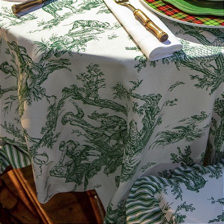 Toalha de mesa toile de jouy verde com babados 2,15 x 1,40 m