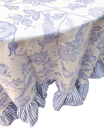 Toalha de mesa floral lilás com babado listrado (2,50 x 1,65)