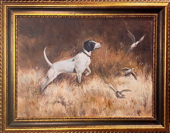 Quadro cachorro caça com pássaros