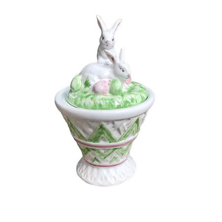 Cesto de cerâmica coelhos rosa e verde