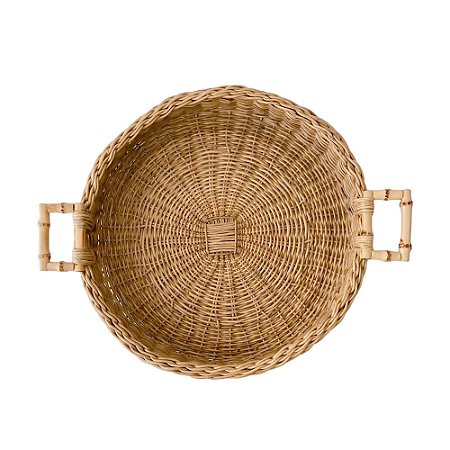 Bandeja redonda trançada em junco com alça bambu