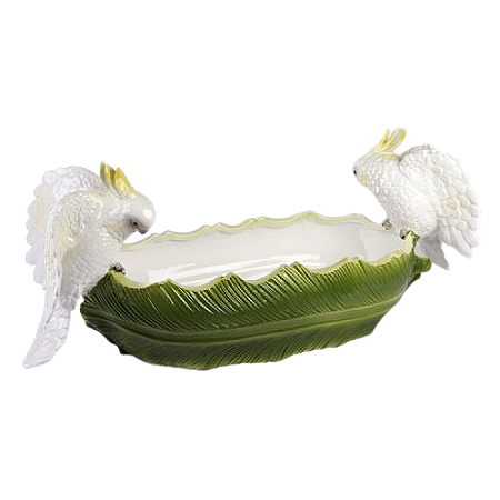 Floreira de folha de banana com duas calopsitas brancas