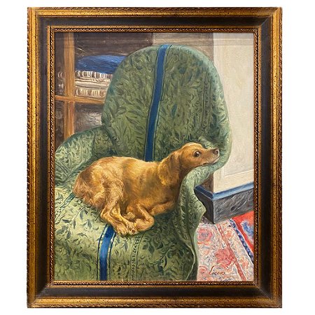 Quadro cachorro na cadeira verde 81 x 74 cm