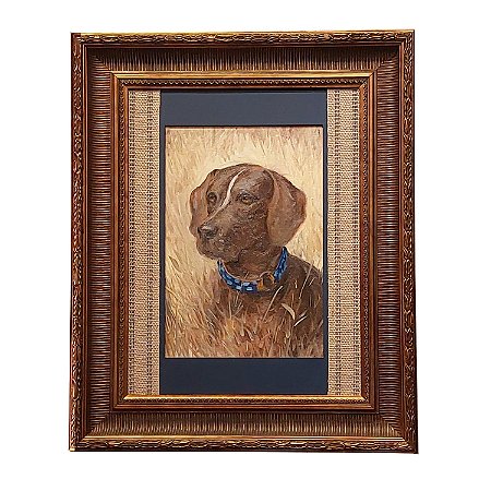 Quadro cachorro marrom com passpatur azul 72 x 60 cm