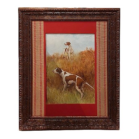 Quadro dupla cachorros marrons e brancos com passpatur vermelho 98 x 78 cm
