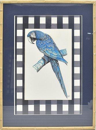 Quadro gravura pássaro azul 1 com passpatur azul e xadrez