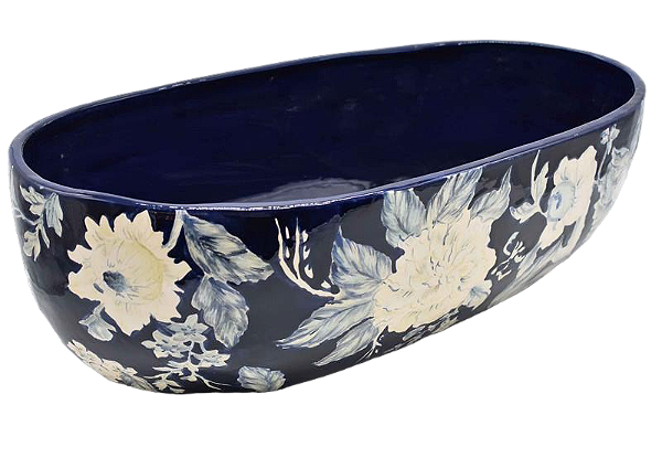 Floreira oval azul com flores