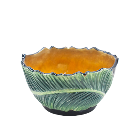 Bowl P com folha de banana mostarda e azul (15 cm)
