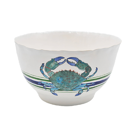 Cachepot branco com listras e caranguejo azul e verde