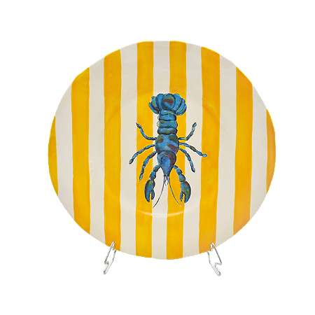 Prato raso amassado listras amarelas e lagosta azul