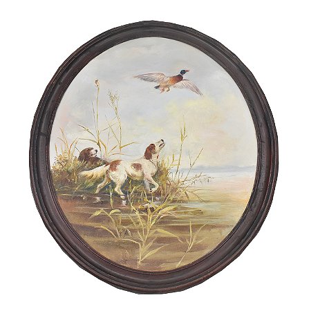 Quadro oval cachorros com pato