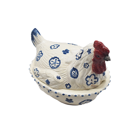 Bowl com tampa G galinha branca e azul