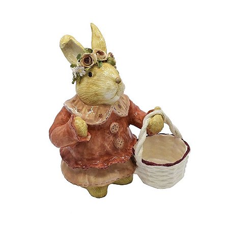 Coelha com Cesta na Mão e Rosas na Cabeça em cerâmica Zanatta Casa