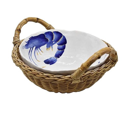 Cesta com alça e bowl M de cerâmica caranguejo e camarão Zanatta Casa