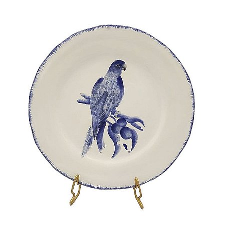 Prato sobremesa amassado azul e branco borda pincelada com pássaro 4