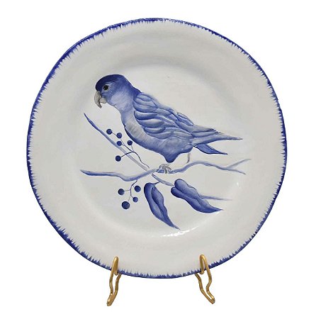 Prato sobremesa amassado azul e branco borda pincelada com pássaro 5