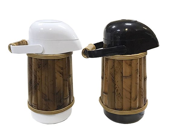Kit garrafa térmica branca e preta com bambu