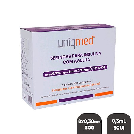 Seringa Insulina 0,3mL 30UI Ag. 8x0,30mm 30G c/ 100un BL Uniqmed