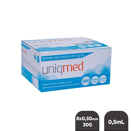 Seringa Insulina 0,5mL 50UI Agulha 8x0,30mm 30G Cx C/ 100 Unidades Uniqmed