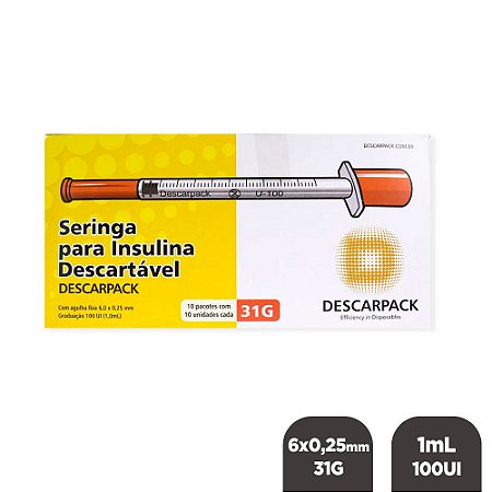 Seringa Insulina 1mL 100UI Agulha 6,0x0,25mm 31G CX c/ 100Un Descarpack