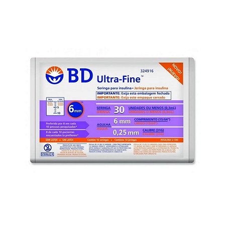 Seringa Insulina Ultra-Fine 0,3mL 30UI Ag.6x0,25mm PCT c/ 10un BD