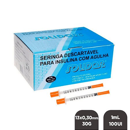 Seringa Insulina 1mL 100UI Agulha Fixa 13x0,30mm 30G 1/2 cx c/ 100un Solidor