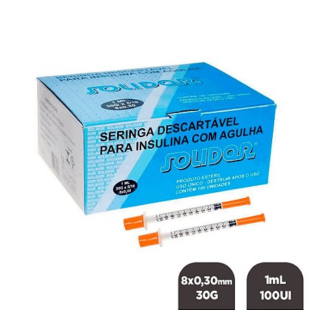 Seringa Insulina 1mL 100UI Agulha Fixa 8x0,30mm 30G C/ 100un Solidor