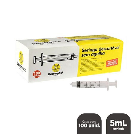 Seringa 5mL Luer Lock Sem Agulha Cx C/ 100un Descarpack