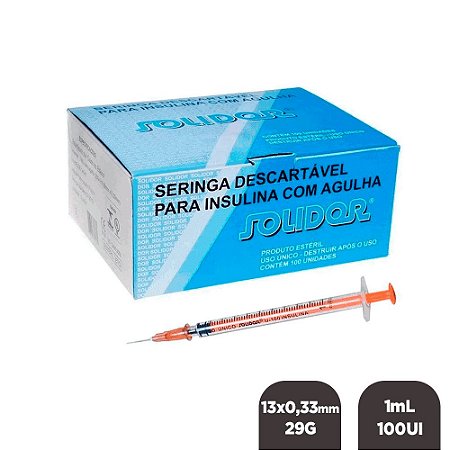 Seringa Insulina 1mL 100UI Agulha Removível 13x0,33mm 29G C/100un Solidor